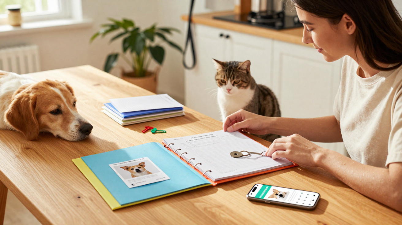 Mulher a organizar documentos na mesa com um cão e um gato ao seu lado, num ambiente doméstico.