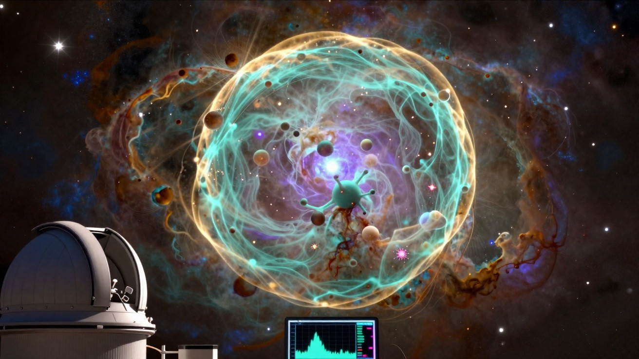 Observatório com telescópio a acompanhar visualização digital de partículas e ondas cósmicas no espaço.