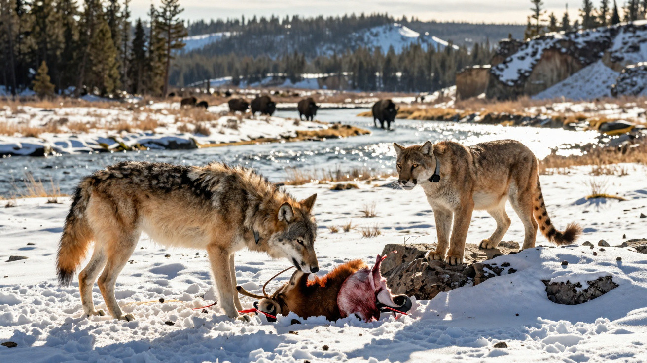 Lobo e lince na neve junto a presa abatida, com bisontes e floresta ao fundo.