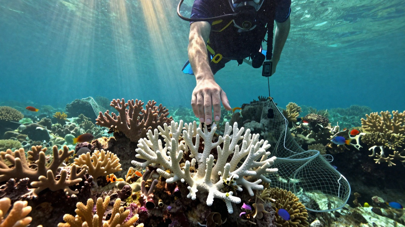 Mergulhador a tocar coral branco num recife marinho com vários peixes coloridos à volta.