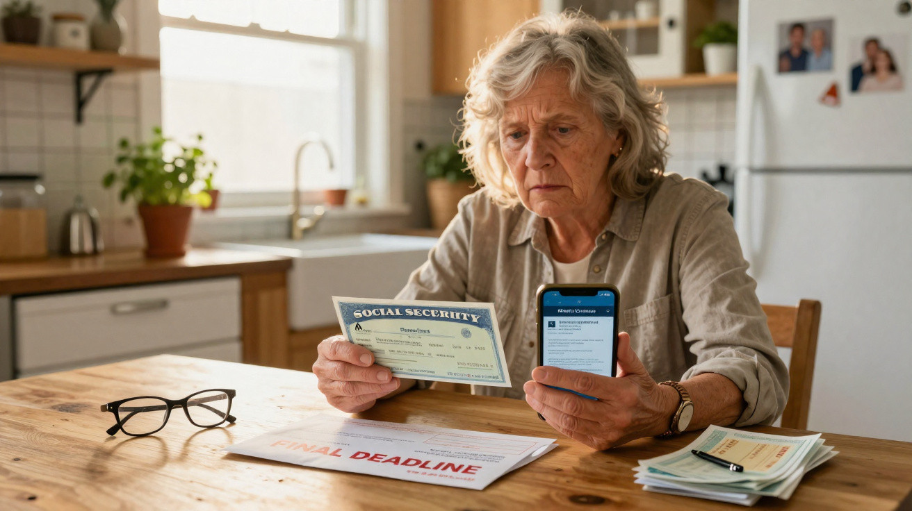 Mulher idosa preocupada a analisar documentos e telefone numa cozinha moderna.