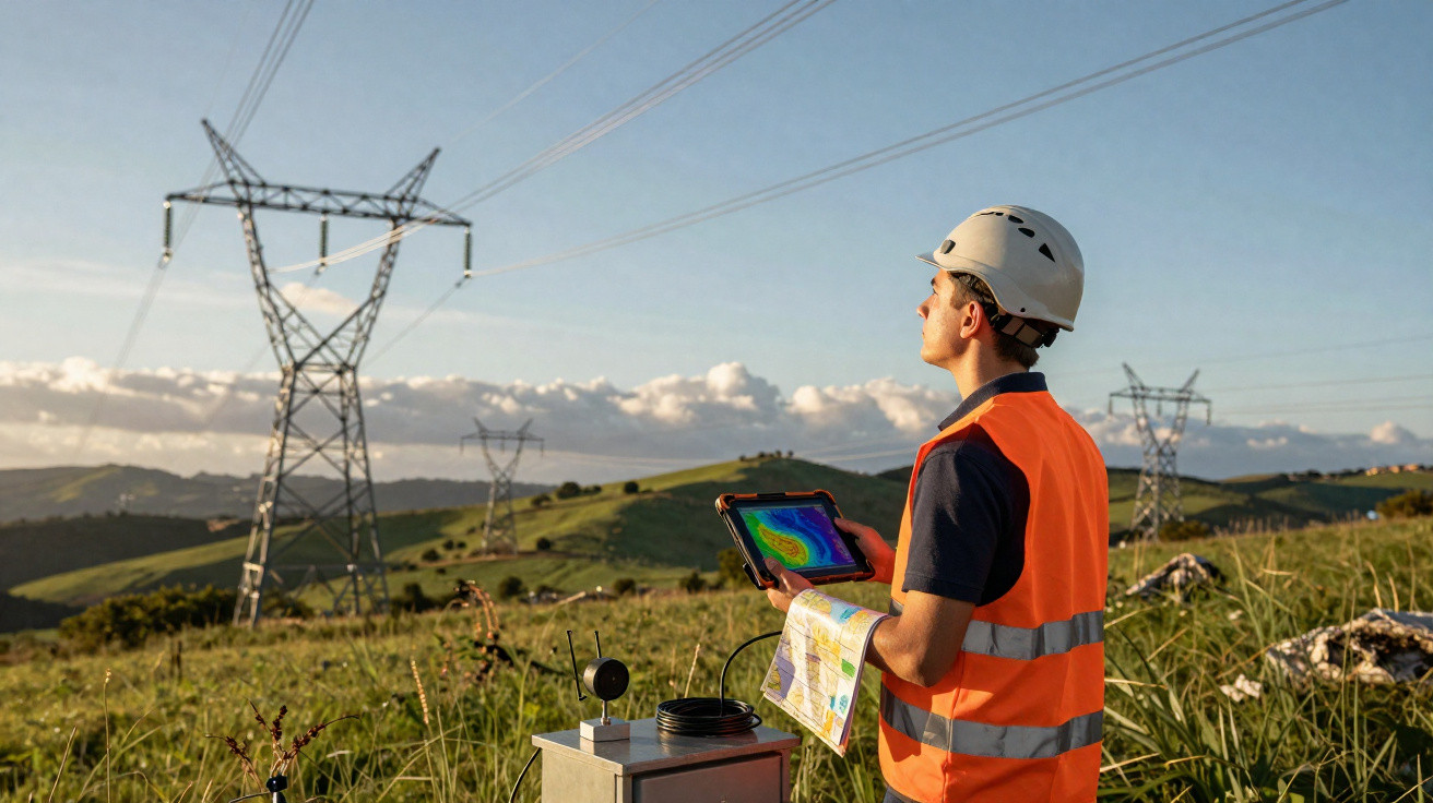 Técnico com colete e capacete a analisar dados em tablet junto a torres de alta tensão num campo verde.