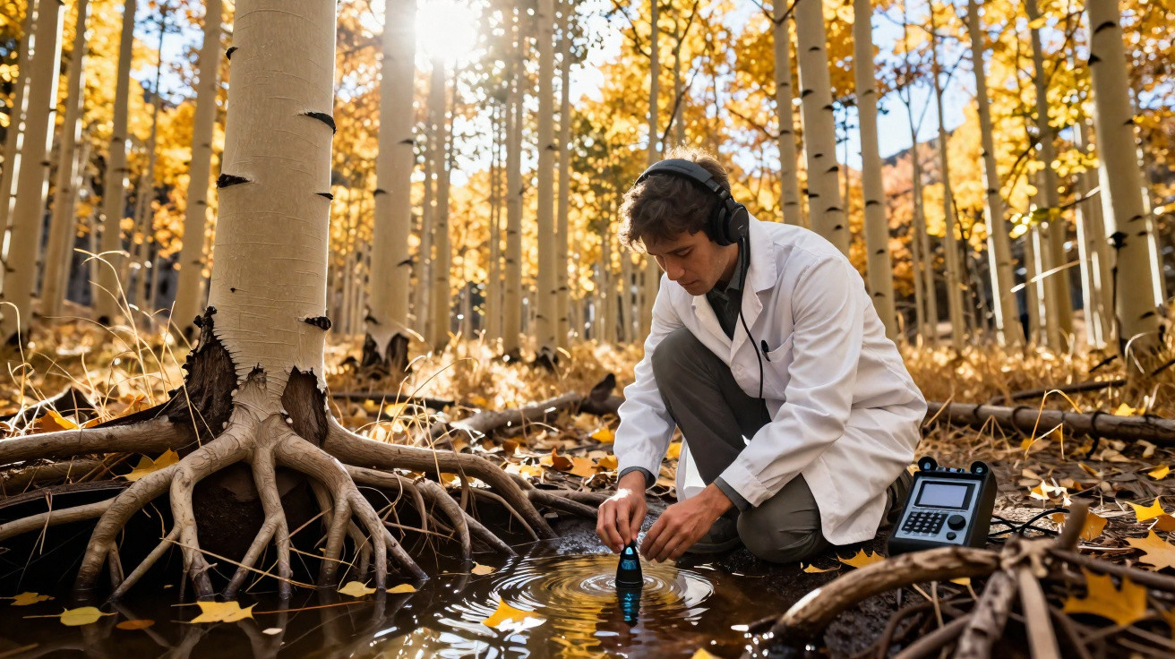 Cientista com auscultadores e bata branca recolhe amostra de água num bosque de árvores com folhas amarelas.