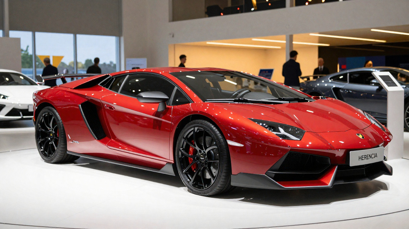 Carro desportivo vermelho em exposição numa feira automóvel com pessoas ao fundo.