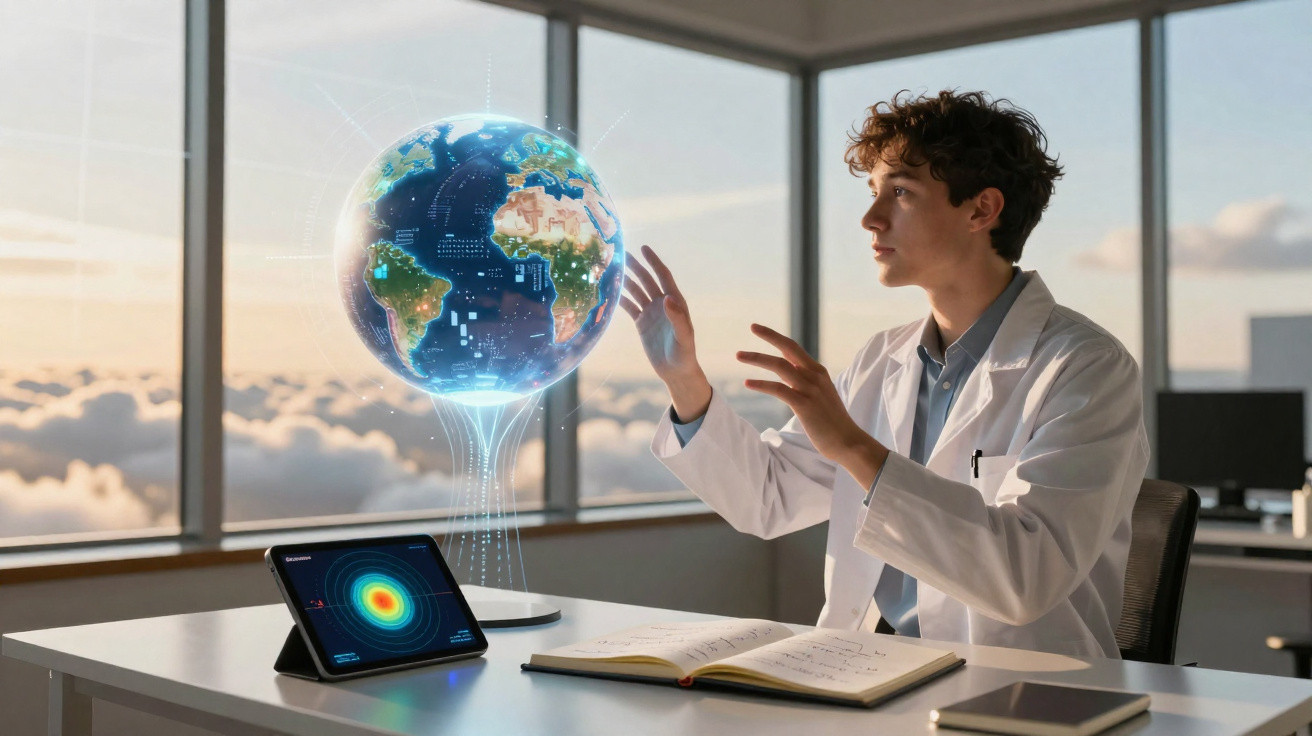 Jovem cientista em bata branca interage com um globo terrestre digital holográfico numa sala moderna e luminosa.