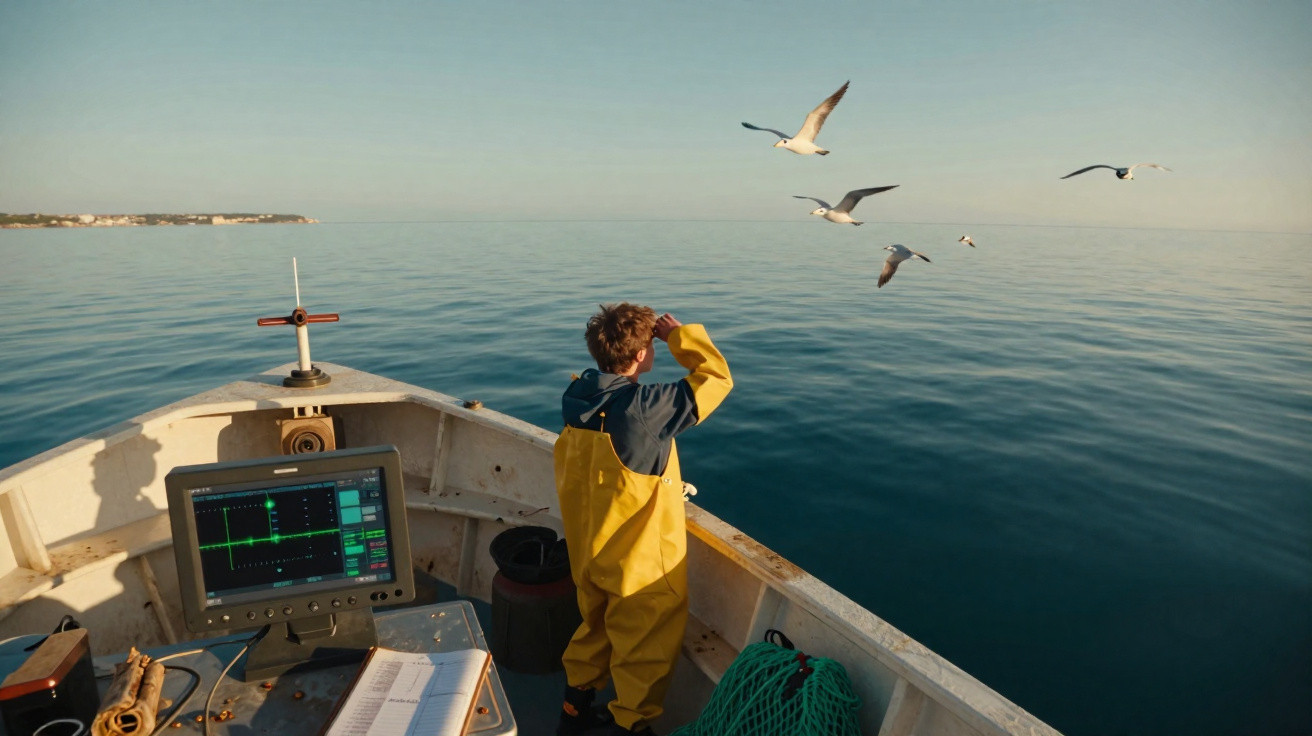Criança de fato amarelo observa gaivotas a voar no mar a partir da proa de um barco de pesca.