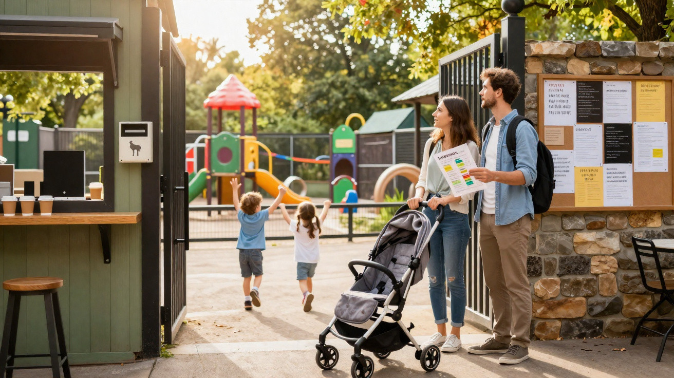 Casal com carrinho de bebé observa crianças a brincar num parque infantil ao ar livre durante o dia.
