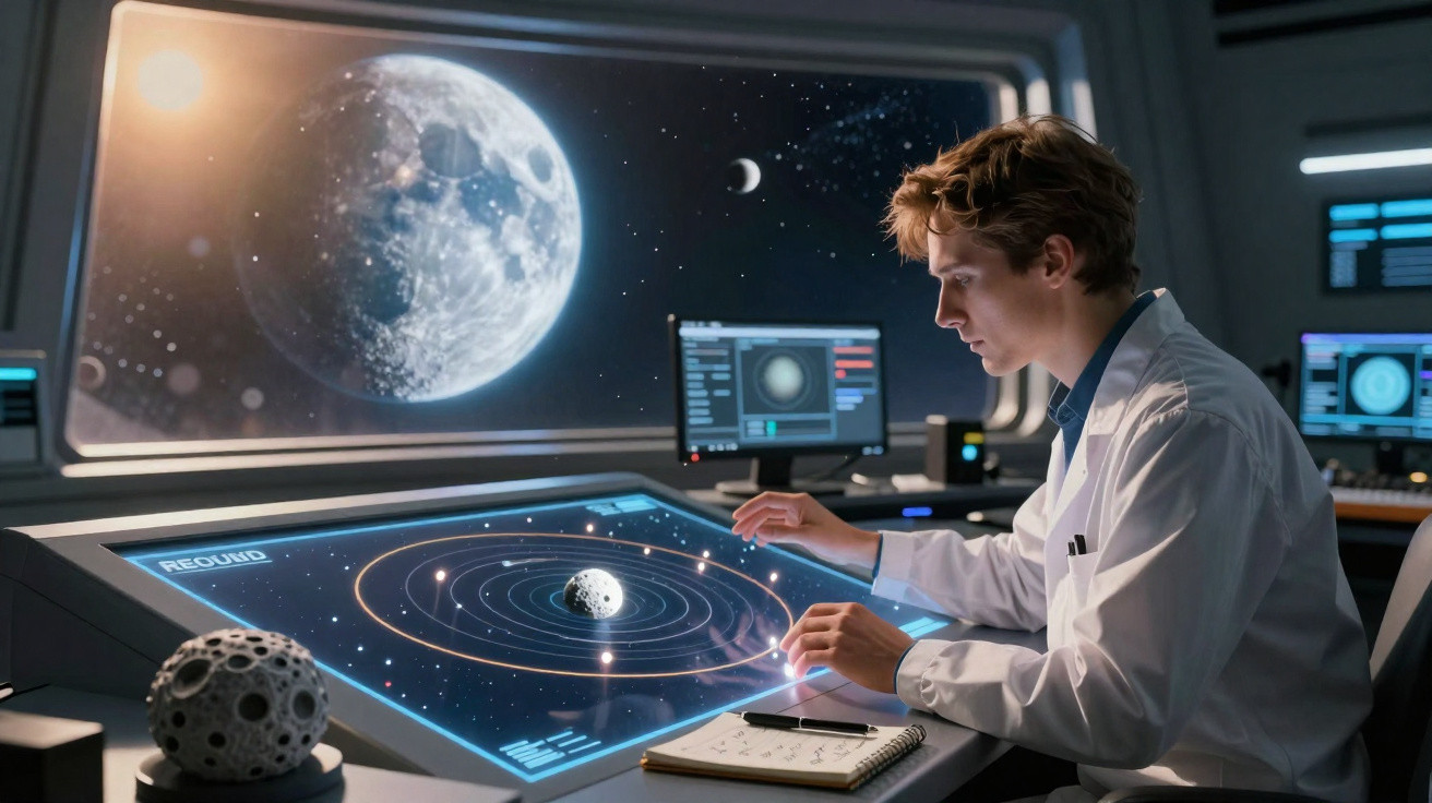 Cientista jovem analisa modelo digital interativo de luas e órbitas espaciais numa sala futurista.