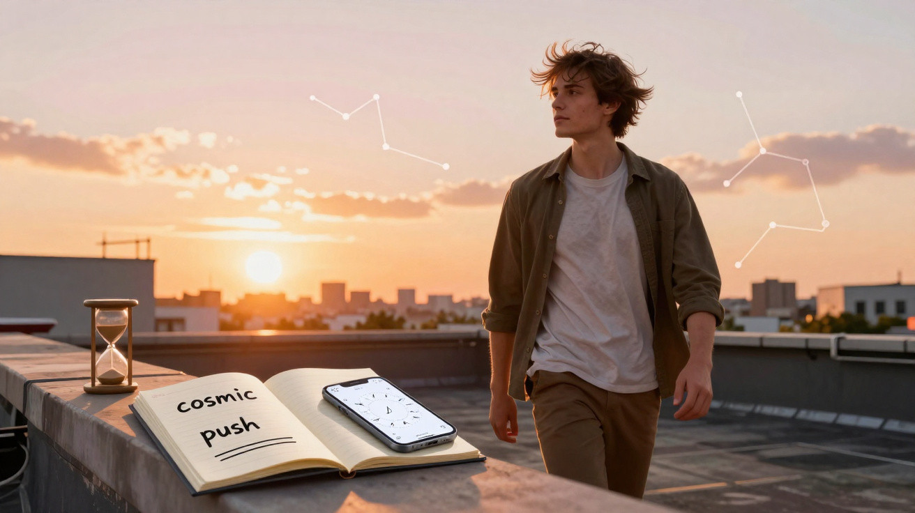 Jovem caminha no terraço ao pôr do sol, com livro, smartphone e ampulheta à frente e constelações no céu.