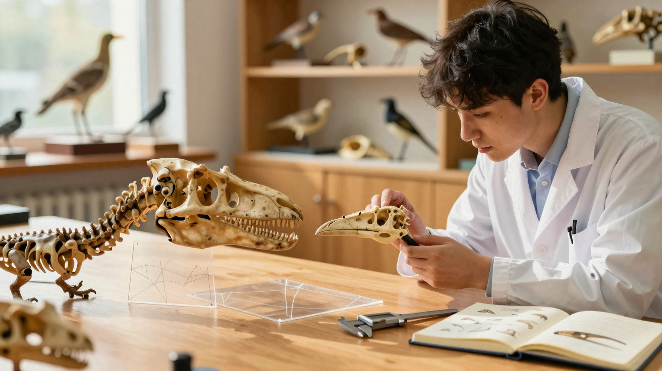Jovem cientista examina crânio de réptil em laboratório com esqueletos e livro aberto na mesa.