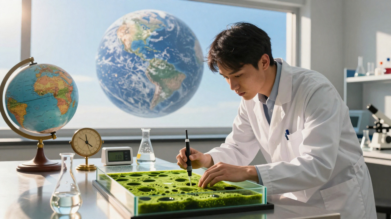 Cientista em laboratório a analisar modelo representando crateras, com globos terrestres ao fundo.