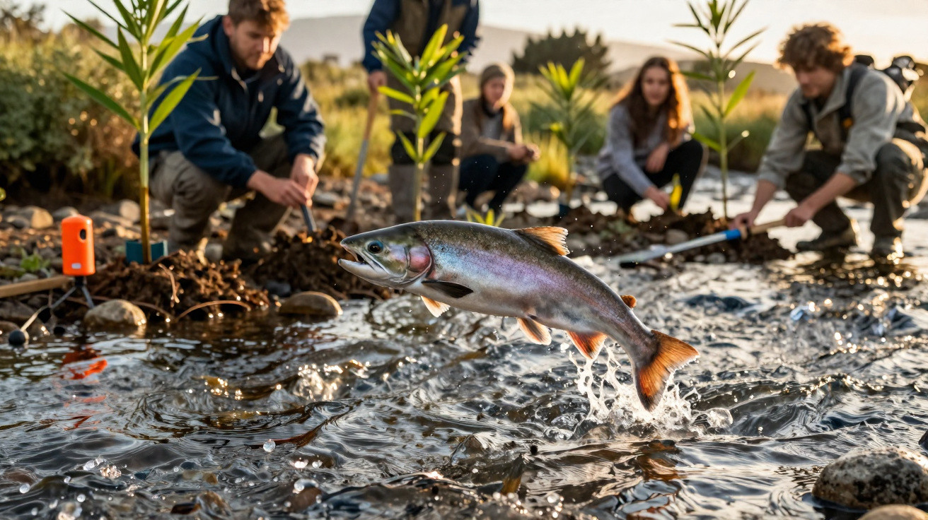 Peixe a saltar num rio com quatro pessoas a observar e recolher amostras na margem durante o dia.