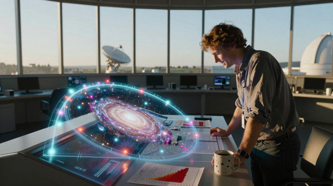 Homem observa modelo holográfico de galáxia numa sala de controlo astronómico moderna.