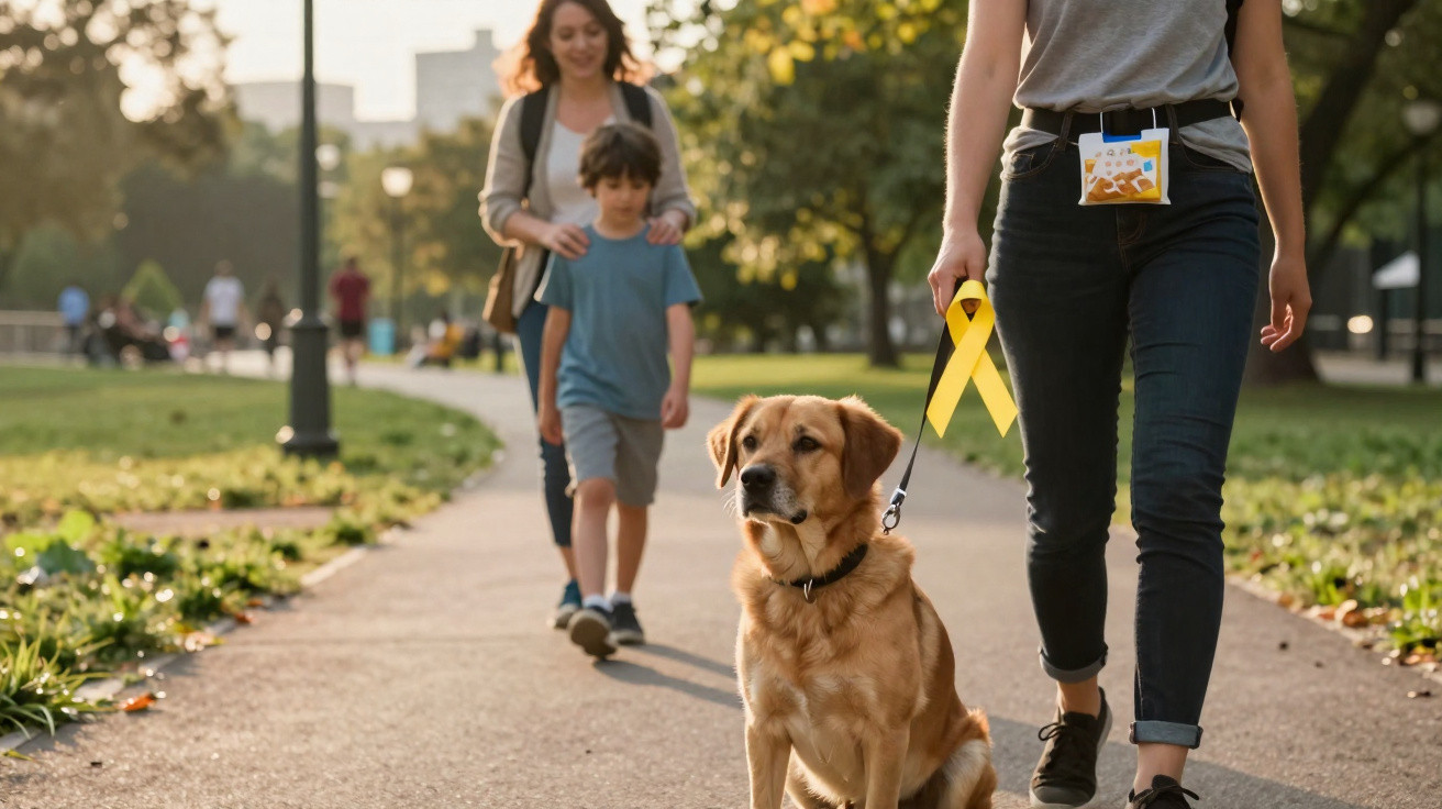 Pessoa a caminhar no parque com um cão guia e uma fita amarela, criança e mulher ao fundo.