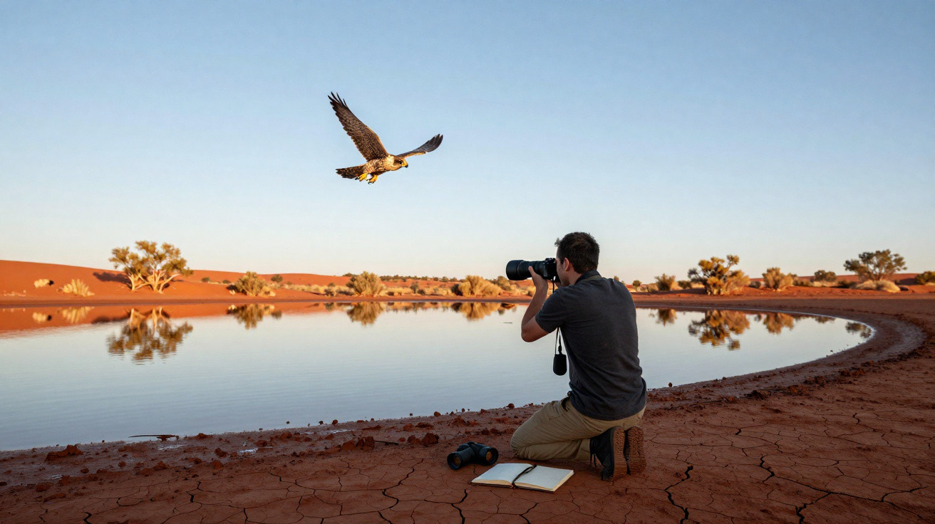 Homem a fotografar águia em voo junto a lago seco num ambiente desértico ao pôr do sol.