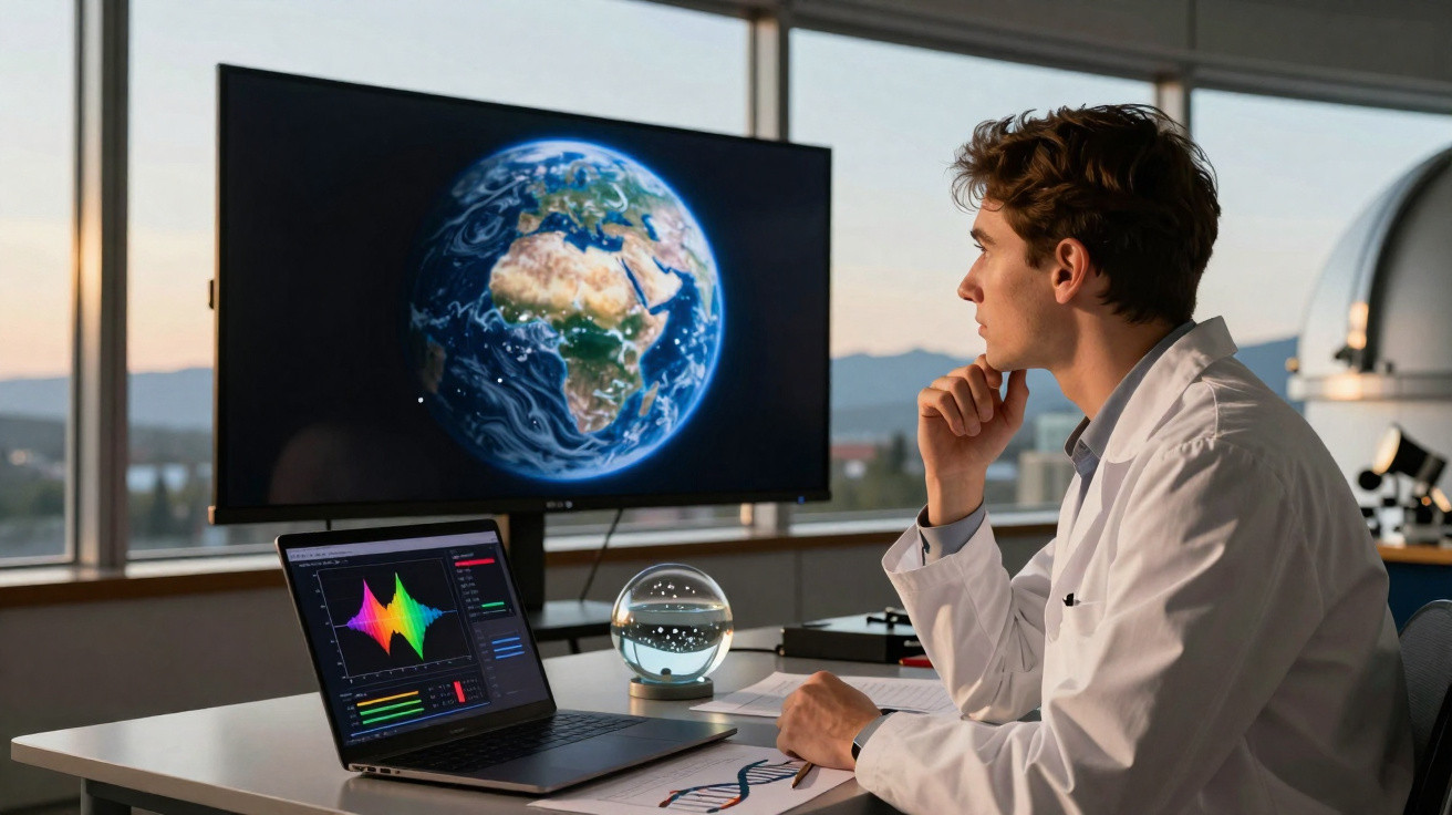 Homem de bata branca a analisar dados em computador com imagem da Terra projetada numa tela grande.