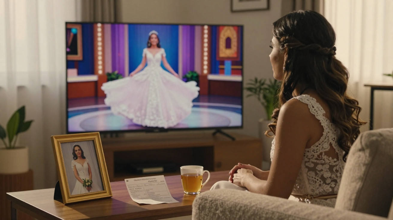 Mulher a assistir um concurso de beleza na televisão sentada no sofá junto a foto dela em vestido de noiva.