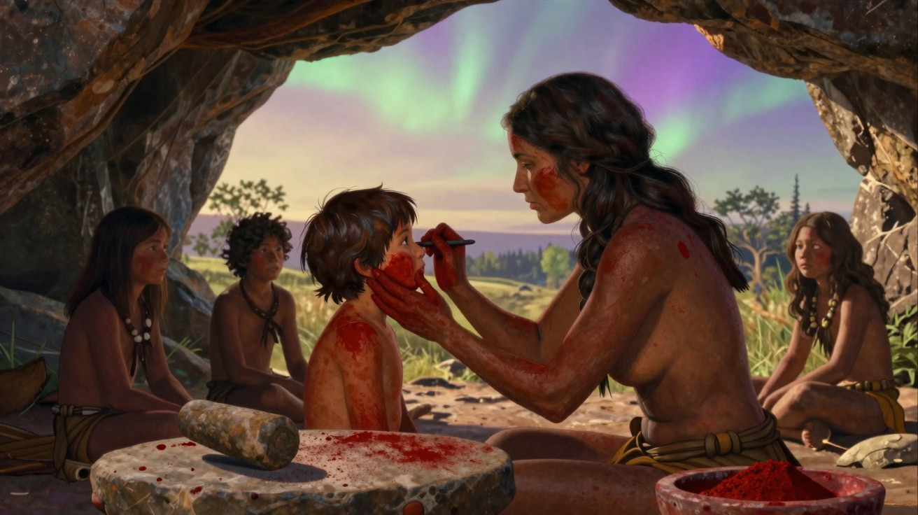 Mulher pré-histórica pinta o rosto de criança dentro de uma caverna, com outras crianças ao redor e aurora boreal ao fundo.