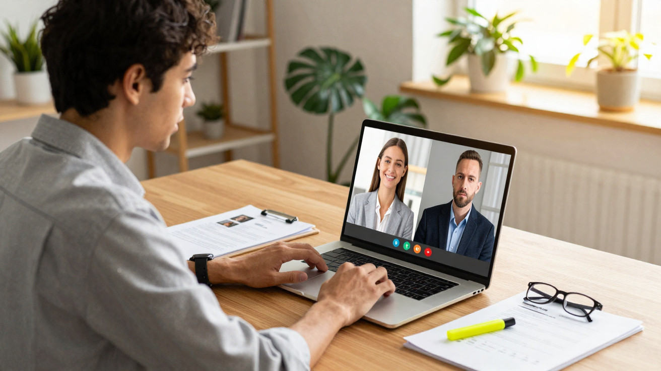 Homem numa videochamada com duas pessoas num laptop à secretária com documentos, óculos e marcador amarelo.