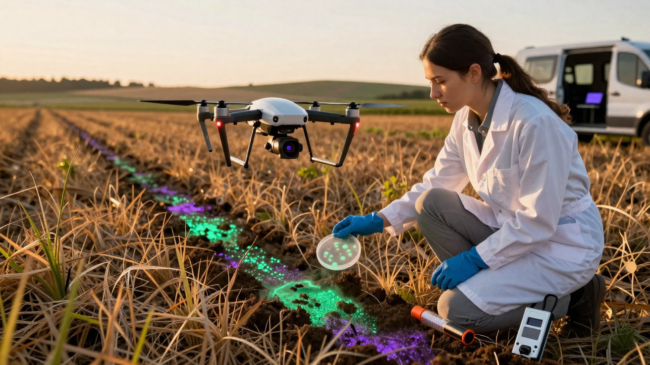 Mulher cientista com bata e luvas analisa solo com drone sobre campo agrícola ao pôr do sol.