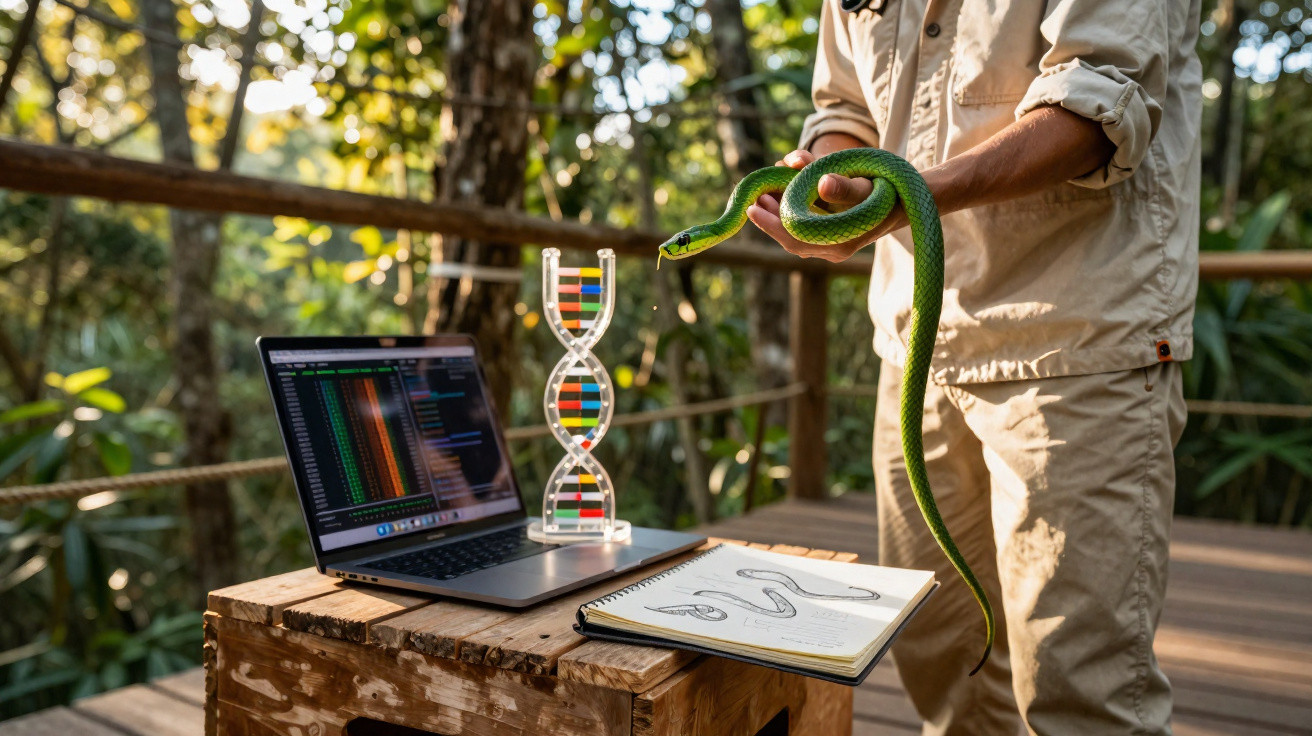 Pessoa a segurar uma cobra verde ao lado de portátil, modelo de ADN e caderno com desenhos de cobras numa área ao ar livre.