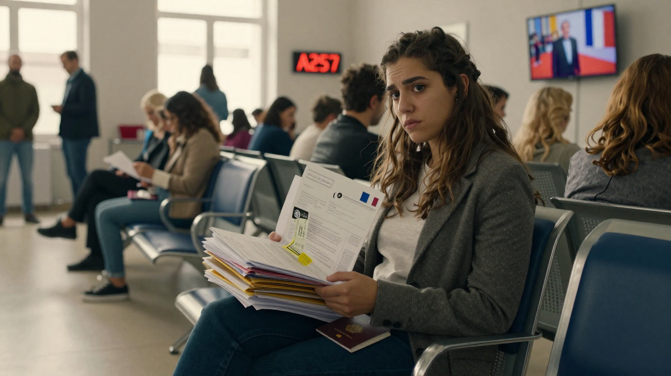 Mulher sentada numa sala de espera a segurar vários documentos, com expressão preocupada.