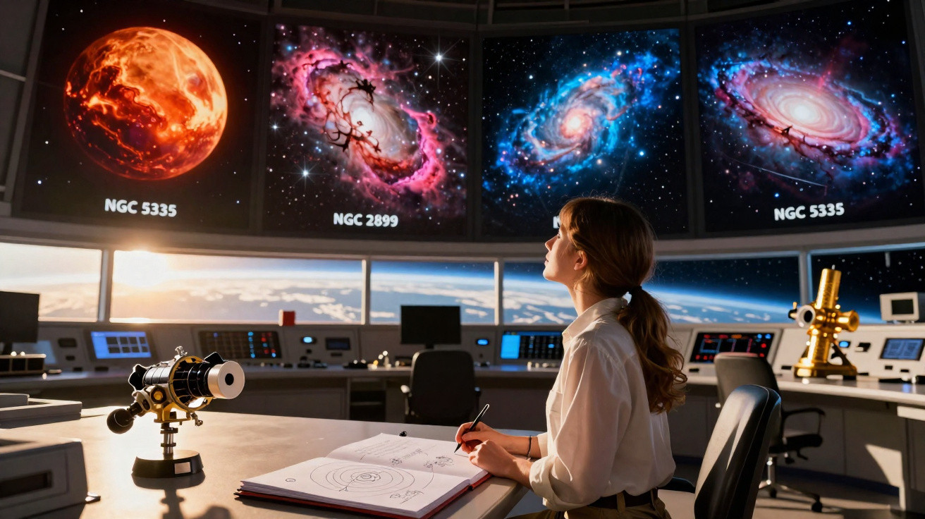 Mulher a observar imagens de galáxias num centro de controlo espacial, com instrumentos e anotações.