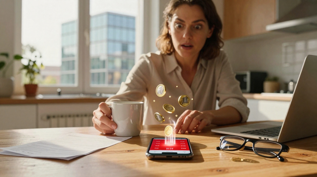 Mulher surpreendida ao ver moedas virtuais a sair do telemóvel numa mesa com computador e óculos.
