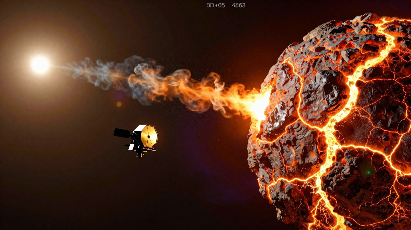 Sonda espacial observa asteroide em erupção com lava incandescente no espaço escuro.