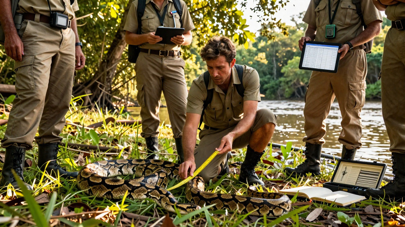 Equipe de investigadores mede uma grande píton enrolada na vegetação perto de um rio.