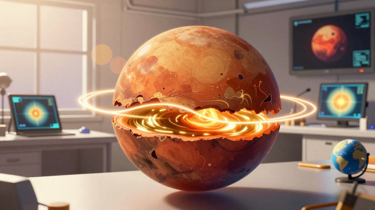 Modelo 3D de planeta em laboratório com camada ativa brilhante no seu interior visível.