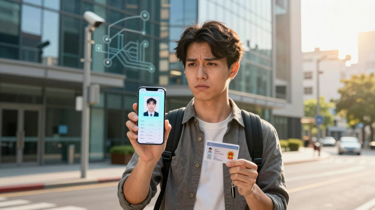 Homem jovem mostra cartão de identificação físico e digital com expressão preocupada na rua da cidade.