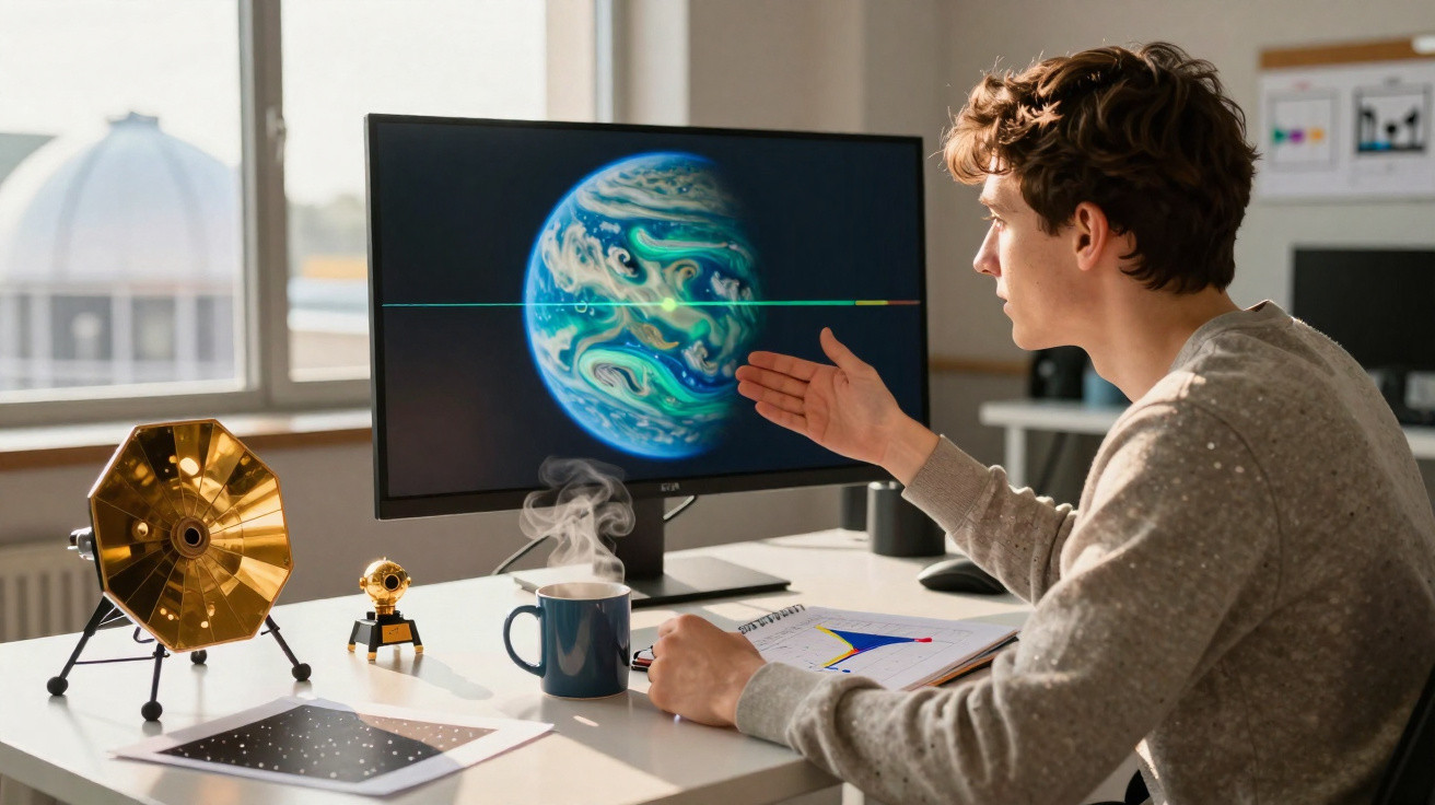 Jovem a estudar planetas numa secretária com modelos espaciais e computador numa sala iluminada.