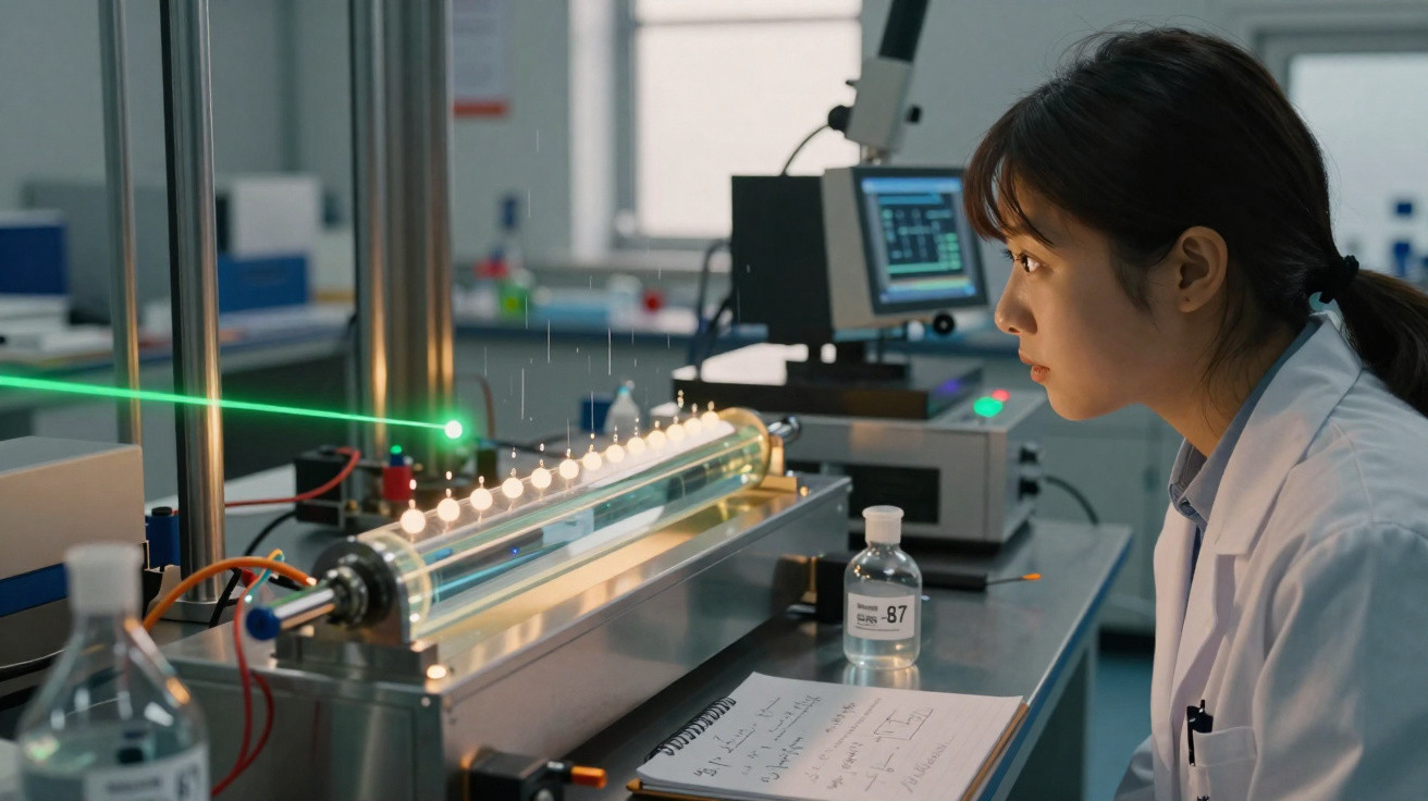 Mulher cientista observa experimento com laser verde em tubo de laboratório moderno.