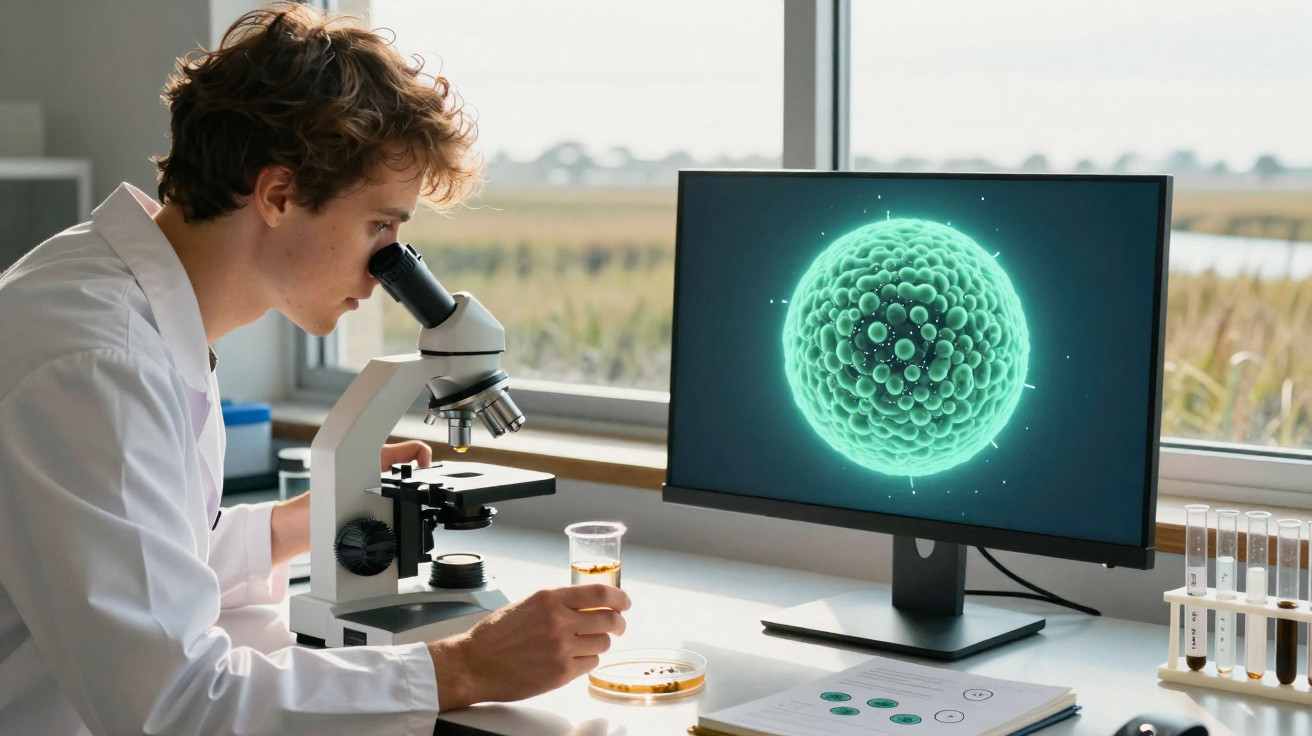 Cientista jovem observa amostra ao microscópio na bancada de laboratório com imagem de célula no ecrã.