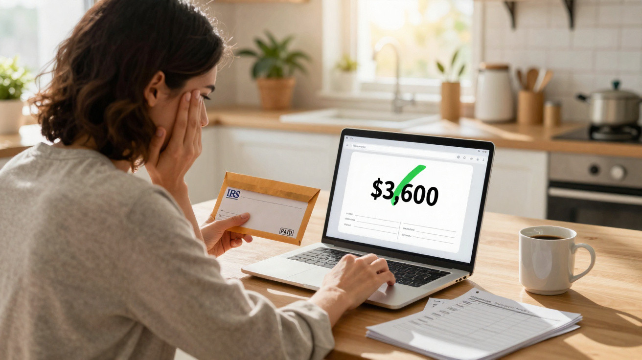 Mulher com expressão preocupada segura envelope do IRS perante computador com valor 3,600 dólares.