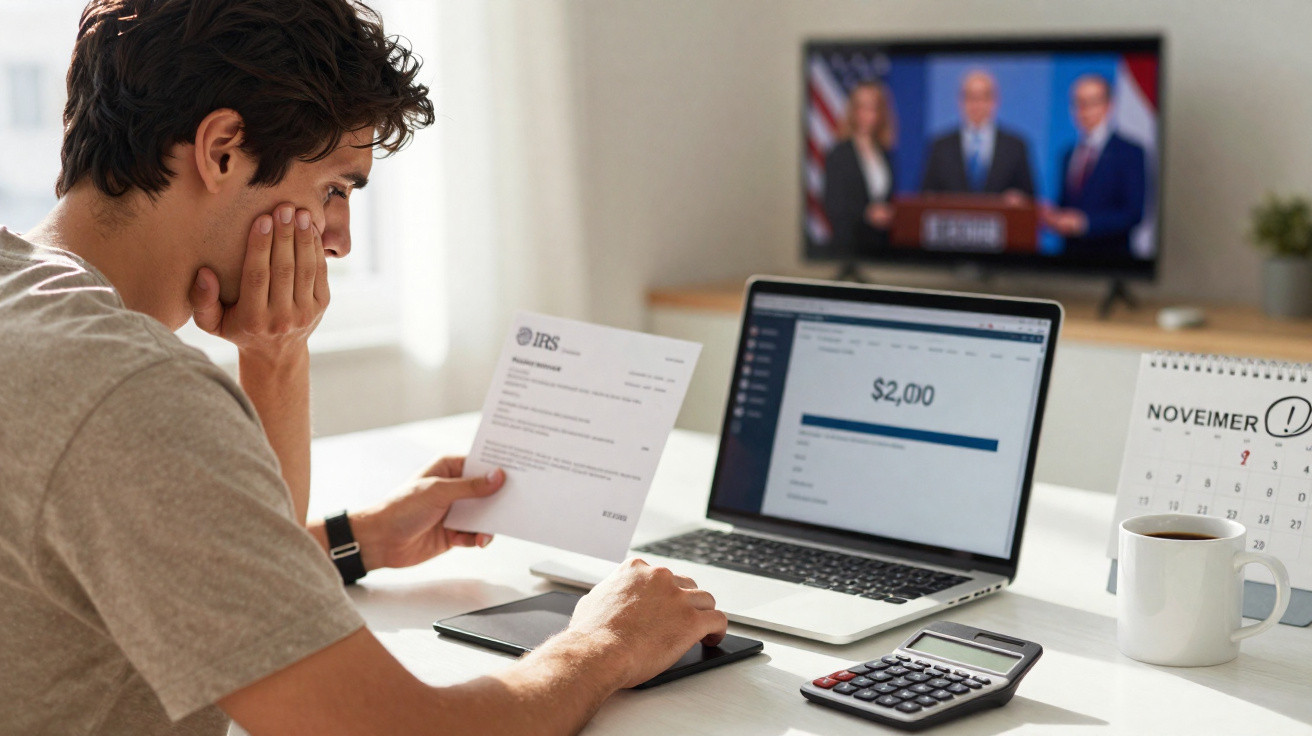 Homem preocupado a analisar conta e computador com valores, numa mesa com calculadora e calendário.