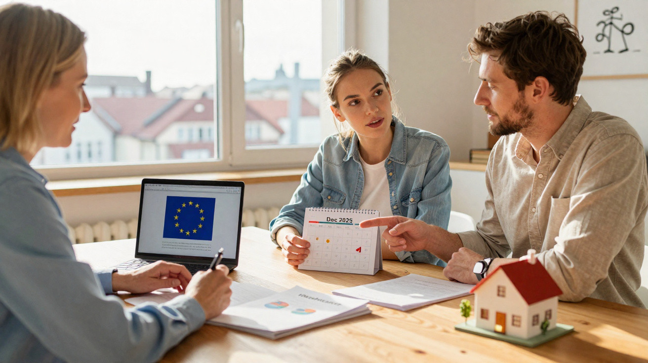 Casal a discutir datas num calendário com consultora numa reunião sobre financiamento imobiliário.