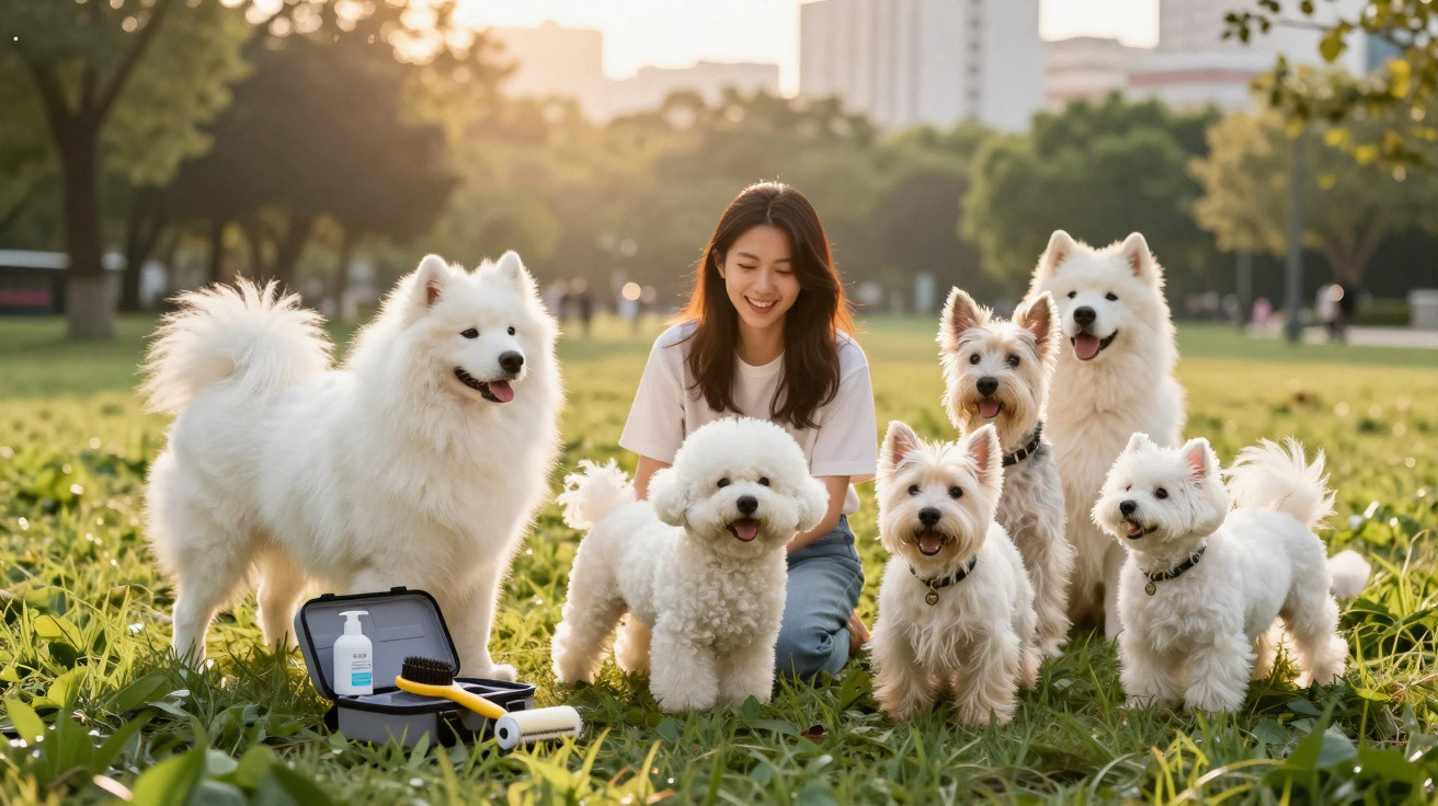 Mulher sentada num parque com seis cães brancos de várias raças em redor, num dia ensolarado.