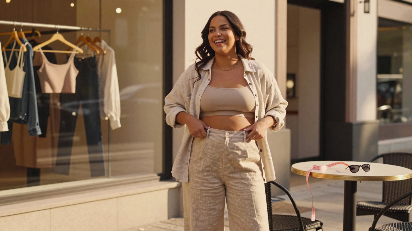 Mulher sorridente com roupa casual bege posa na rua ao lado de uma montra de roupa e uma mesa com óculos e fita métrica.