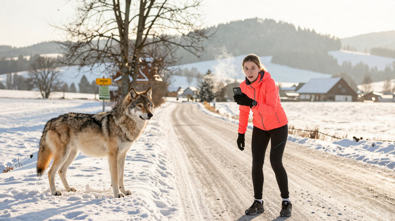 Mulher surpreendida por lobo na berma de estrada coberta de neve em zona rural com montanhas ao fundo.