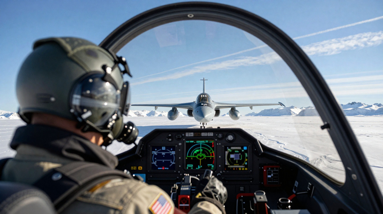 Piloto a operar um caça militar com outro avião a aproximar-se, em ambiente gelado e montanhoso.