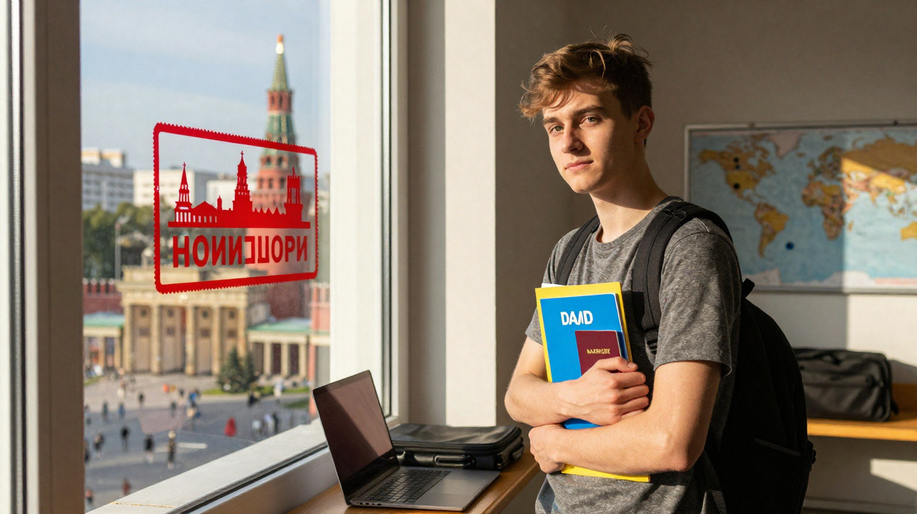 Jovem estudante com mochila e livros encostado junto a uma janela com vista para edifícios históricos e computador portátil.