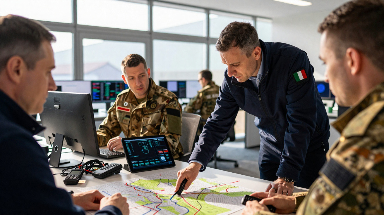 Quatro militares analisam mapas e equipamentos digitais numa sala de comando moderna e luminosa.