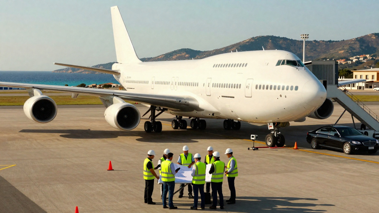 Grupo de técnicos com coletes refletivos a analisar plantas à frente de um avião branco estacionado no aeroporto.