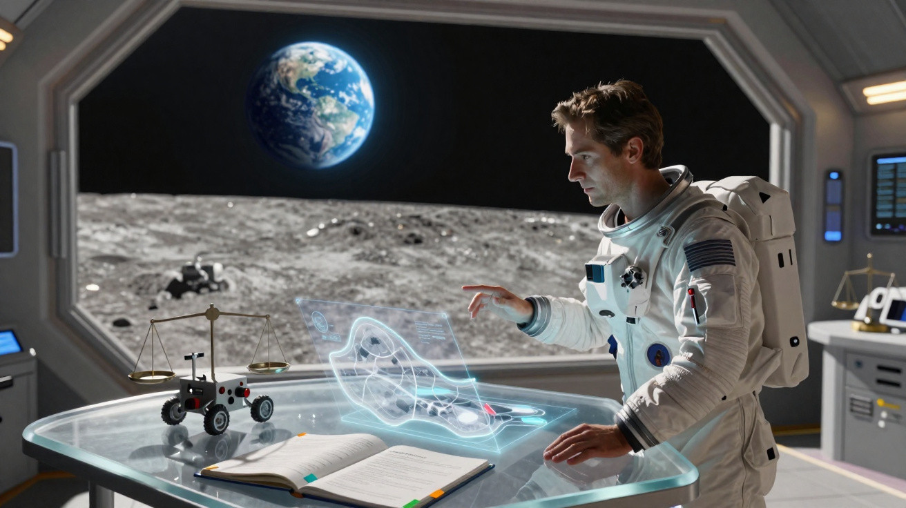 Astronauta em módulo lunar interage com holograma, robô e livro, com vista da Terra ao fundo.