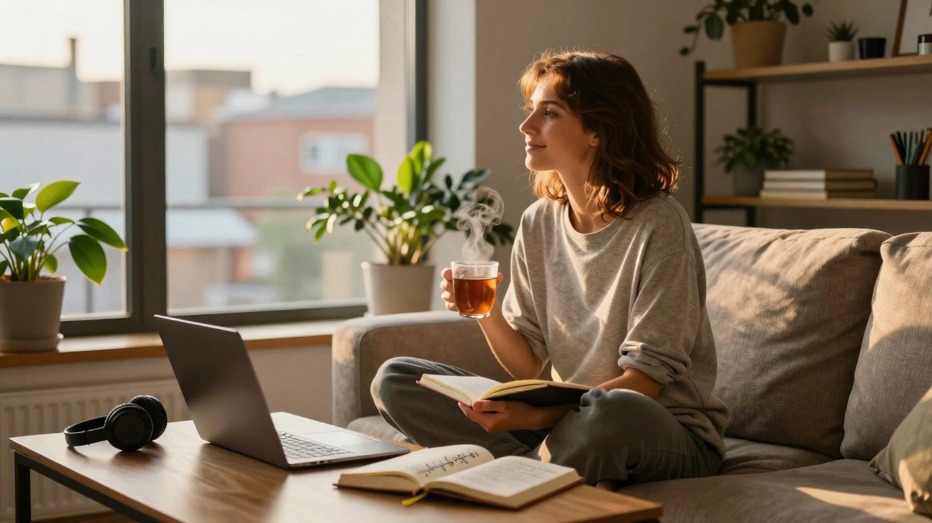 Mulher sentada no sofá a beber chá quente e a ler, com livro aberto e computador numa sala iluminada.