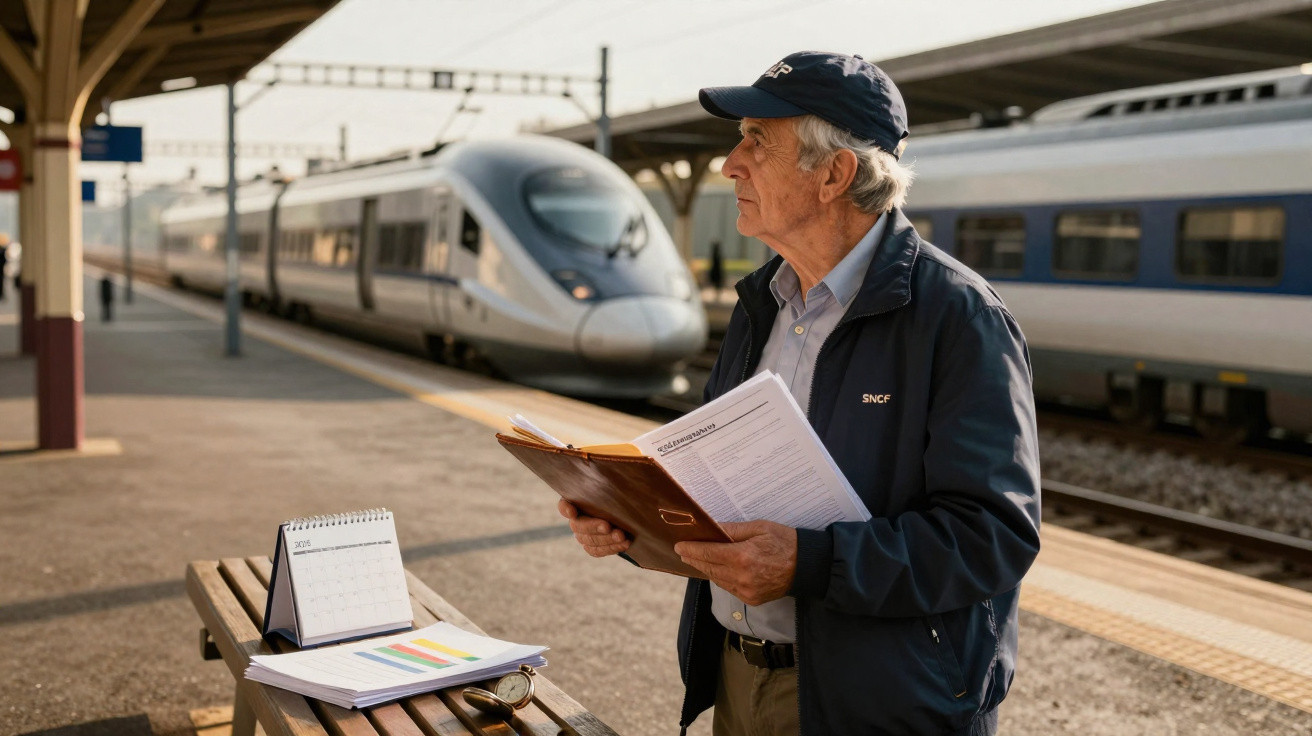 Homem sénior com roupa casual e boné, segurando documentos numa estação de comboios com comboio em fundo.