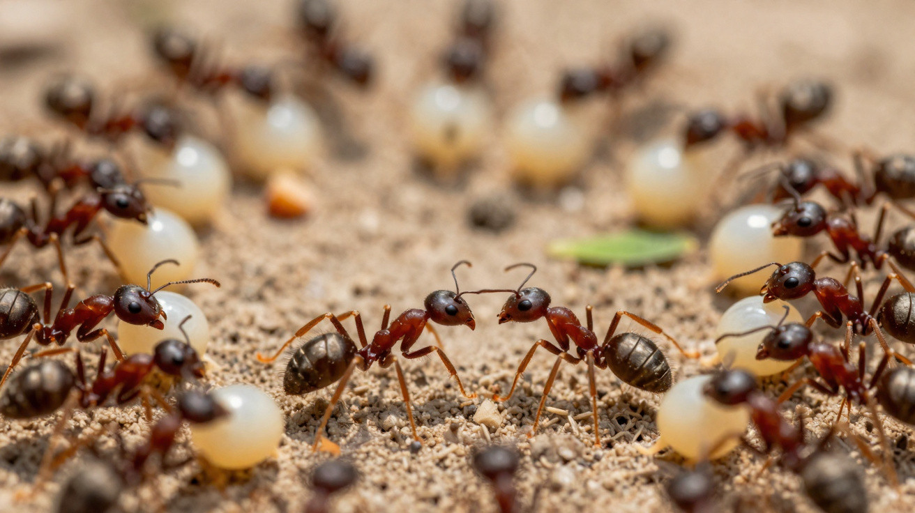 Formigueiros a transportar ovos brancos sobre solo arenoso, com duas formigas em contacto no centro da imagem.