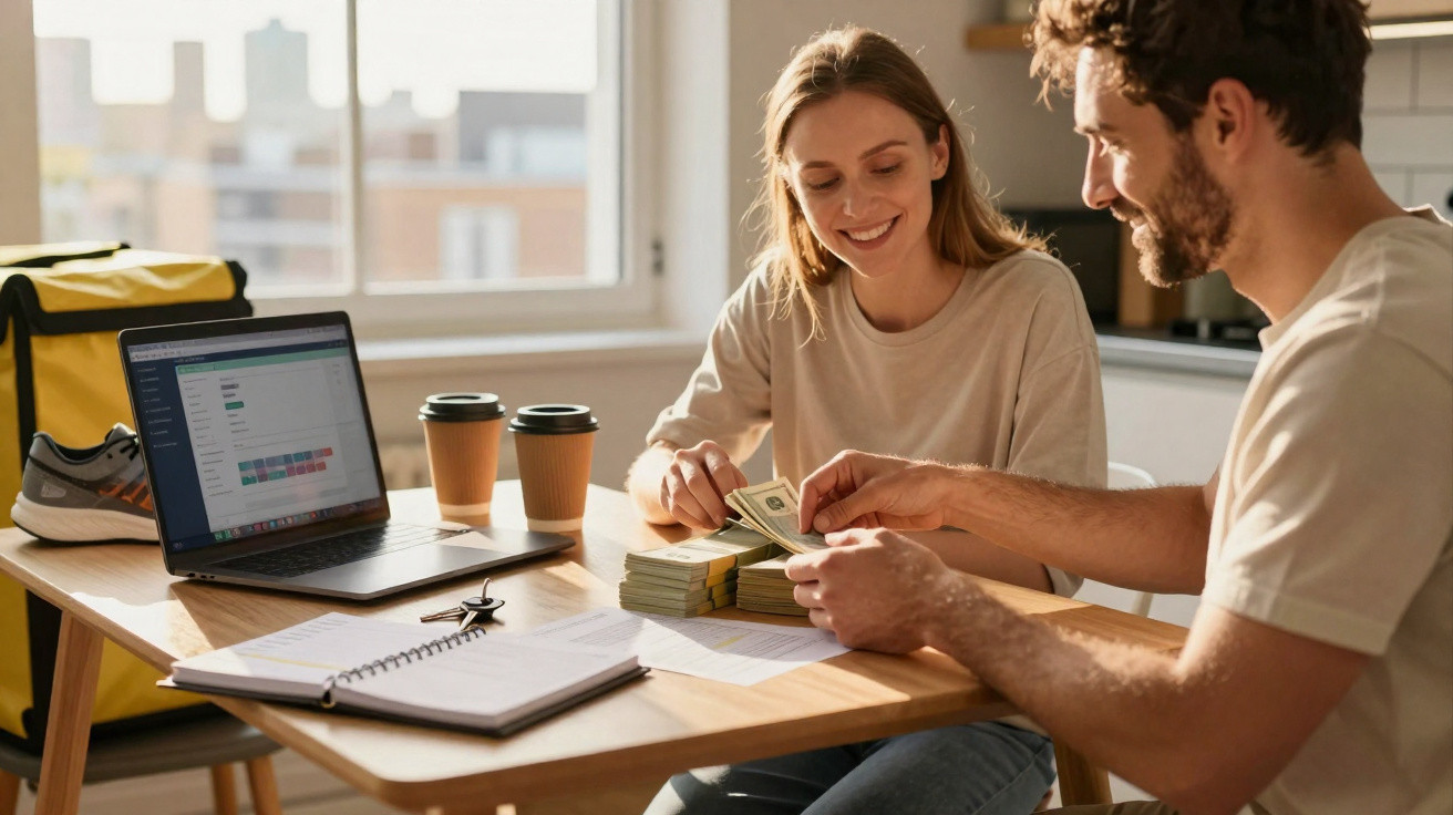Casal jovem a contar dinheiro sentado à mesa com computador portátil e café no ambiente doméstico.